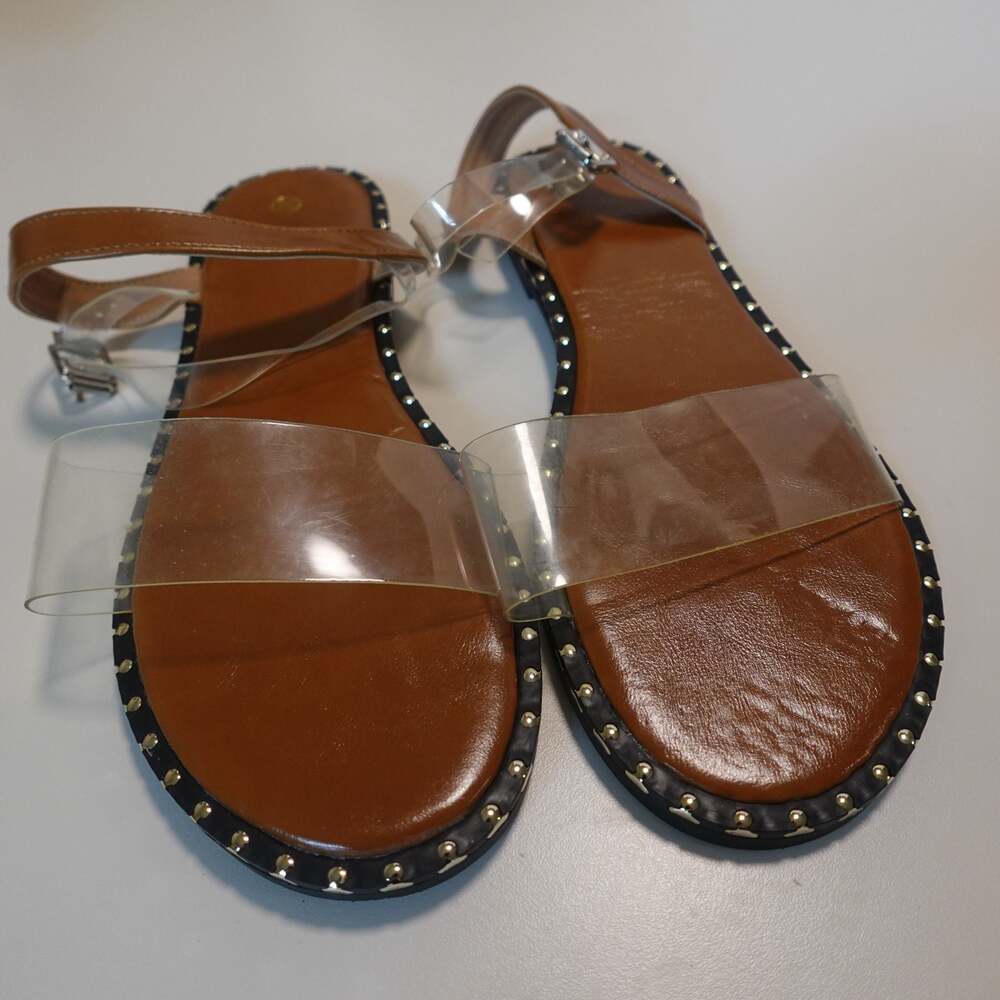 Women's Tan Faux Leather Clear Strap Studded Flat Sandals
